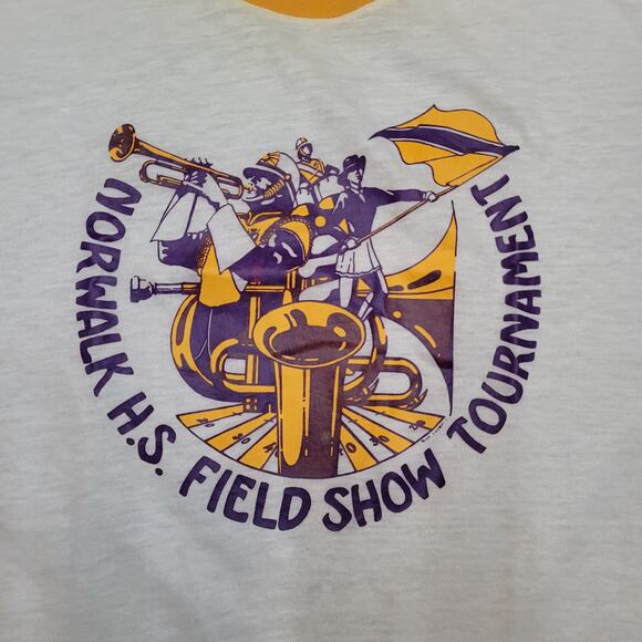 VTG 70s Norwalk HS Marching Band Ringer T-Shirt Mens XS Slim Long 18x28 - Picture 2 of 5